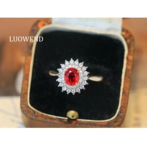 LUOWEND 100% 18K White Gold Rings Natural Diamond Natural Ruby Ring Luxury Elegant Design High Gemstone Jewelry for Women