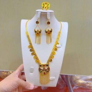 Europe Dubai New 24K Gold Plated Necklace Earrings Ring Wedding Party Gift Jewelry Set for Lovers YY10579