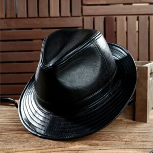 Sheepskin top hat for men vintage fashion gentleman Leather jazz women warm casual black