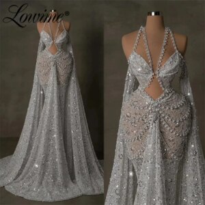 Hot Sexy Long Prom Dresses Silver Lace Mermaid Celebrity Dress 2024 Pearl Crystals Party Second Reception Birthday Evening Gowns