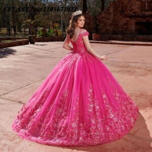EVLAST Customized Pink Quinceanera Dress Ball Gown Lace Applique Beaded Crystal Corset Sweet 16 Vestidos De XV 15 Anos SQ144