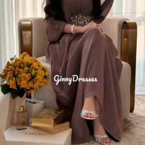 Customized Dresses For Prom A-Line V-Neck Floor-Length Luxury Evening Dresses Beadings Long Sleeves Zipper Up Formal Occasion