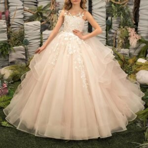 Flower Girl Dress Tulle Princess Sleeveless Pageant Dresses Long Lace Applique Kids Birthday Party Ball Gown Pageant Dresses