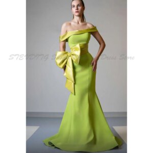 Simple Off The Shoulder Green Prom Dresses For Women Bowknot Floor Length Mermaid Sweep Train Alliques Celebrity Female Gowns