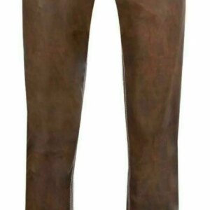 Men Brown Distress Leather Pants with White Stitching Slim Fit Trouser