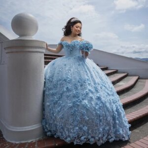 Customized blue Off Shoulder Quinceanera Dress sequin applique Tull 3D flower beads Long tail vestidos de 15 Quinceanera