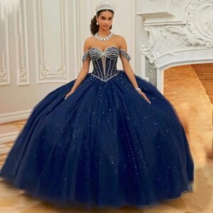 Customized luxury Shiny Gemstone Blue V-neck Quinceanera Dress rhinestone Bow vestidos de 15 Quinceanera 