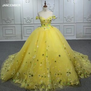 New Design Sweetheart 3D Flower Sleeveless Lace up DY1151 Lace Yellow Sequins Pleat Ball Gown Court Train Evening Dresses