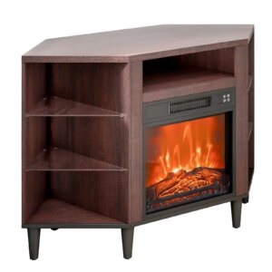 Fireplace TV Stand for TVs 42″, Media Storage Corner with 18″ Fireplace, Storage Drawers & Cabinets with 20 LED Lights