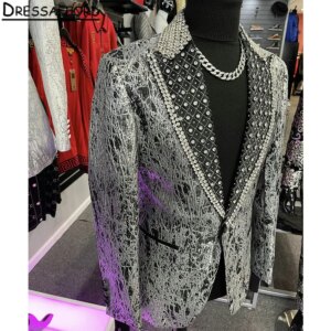 Luxury Jacquard Men Suits Two Pieces Beading Crystal Evening Party Blazer Groom Wear ( Jacket + Pants )