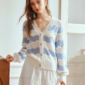 OLrain Spliced Striped Knitted Cardigan for Women 2025 Spring Loose Fit Sweet Hollow V Neck Long Sleeve Sweater N56QM93593