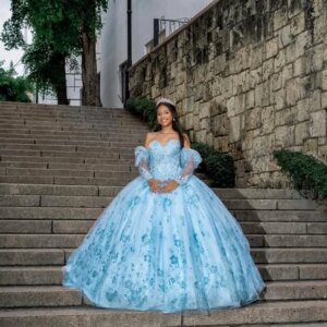 Customized sky blue Off Shoulder Quinceanera Dress sequin applique Lace trailing vestidos de 15 Quinceanera