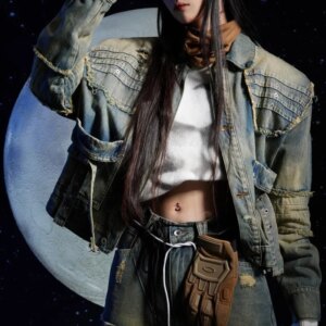 Niche Designer Vintage Worn Looking Washed-out Stand Collar Ribbon Patchwork Denim Jacket Short Padded Shoulder Zip
