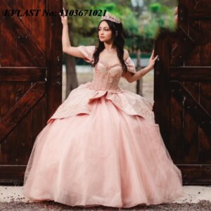 EVLAST Customized Blush Pink Quinceanera Dress Ball Gown Lace Applique Beaded Tiered Corset Sweet 16 Vestidos De 15 Anos SQ524
