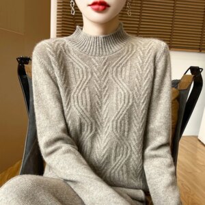 Autumn and Winter New Heavy Industry Ripple Jacquard Design Sense Wool Knit Inner Half-High Collar Women’s Sweate