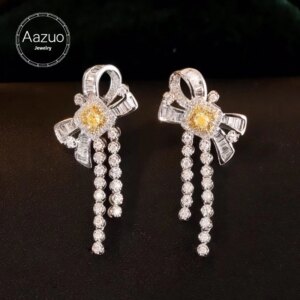 Aazuo 18K High-end Jewelry White&Yellow Diamonds Bowknot Stud Earring Gifted For Women Wedding Party Chain Real Gold Au750