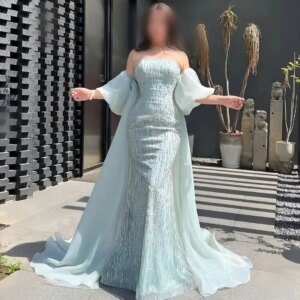 MisShow Customized Evening Dresses Strapless Beaded Mermaid Gowns with Removable Sleeves | Bridal/Formal Wear