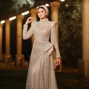 Dubai Muslim Wedding Party Dress Luxury Champagne Long Sleeve Prom Dresses Engagement Dress Celebrity Gown Plus Size Customized