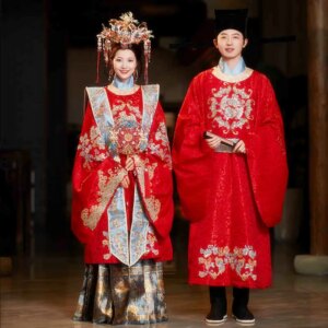 Ming Dynasty Hanfu Wedding Dress Ancient China Noble Couple Luxury Costume Embroidery Pattern Palace Bridal Red Gown Robe CT012