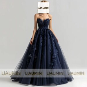 Navy Blue Tulle Lace Applique Strapless Ball Gown Prom Formal Occasion Dress Evening Party Lace Up Back Custom Hand Made A4-13.1