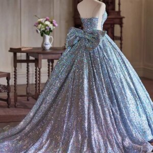 Customized Real Picture Shinny Prom Dresses Ball Gown Sequin Bow Corset Long Women Birthday Party Sweet 15 16 Quinceanera Formal