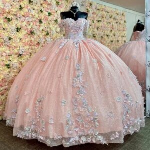 Pink Shiny Princess Quinceanera Dresses Ball Gown Off The Shoulder Tulle Appliques Beads Sweet 16 Dresses 15 Años Mexican