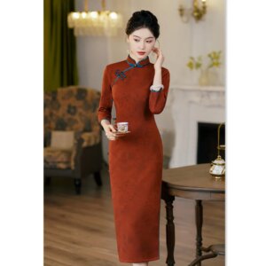 Old Shanghai Retro Chinese Style Long Stretch Cotton 3/4 Sleeve Cheongsam Qi Pao Autumn New Traditional
