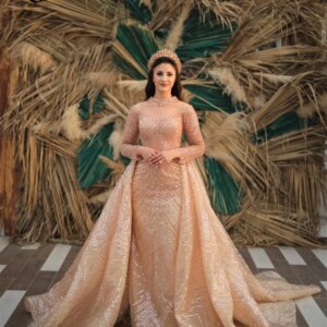 Elegant Long Sleeves Orange Evening Dresses With Detachable Train Middle East Wedding Party Gowns Bride Prom Dresses Customized