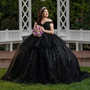 Customized Shiny Black Ball Gown Lace Appliqued Lace Beading Crystal Off The Shoulder Quinceanera Dresses Vestidos De 15 Anos