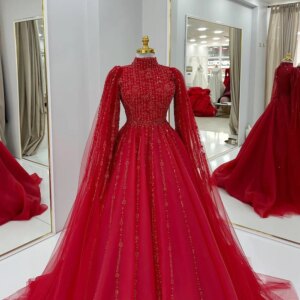 Luxury Red High Neck Dress A-line Fluffy Formal Prom Dress with Cape Sleeve Sequin Beaded Engagement Party Dress Customized