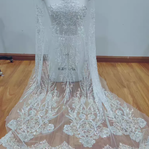 Delicate French Style Multi Coloured Sequined Beaded Lace Fabric Wedding Dress With Net-like Wedding Dress Lace