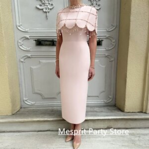 Pink Evening Dress Customized Round Neck Heavy Pearls Ankle Length Straight Cocktail Party Gown Wedding Arabic Prom Dresses