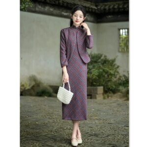 Old Shanghai Retro National Style Fashion Shawl Cheongsam Qi Pao Two-Piece Set Autumn and Winter New Daily Wearable