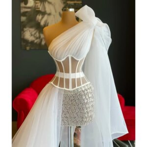 White Mini Prom Dresses with Crystal Sequined Luxury One-Shoulder Sweep Train Short Skirt Robe Birthday Party Evening Dresses