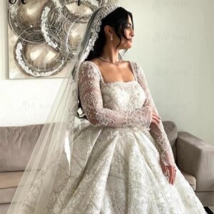 Long Sleeve Lace Appliques Wedding Dress Luxury Beading Ball Gowns Bridal Dresses Plus Size Custom Made For Women Dubai Vestido