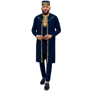 High Quality African Men’s Pure Cotton Four Piece Jacket Shirt Trousers + Hat Set Fashion Gentleman’s Robe Business Wedding
