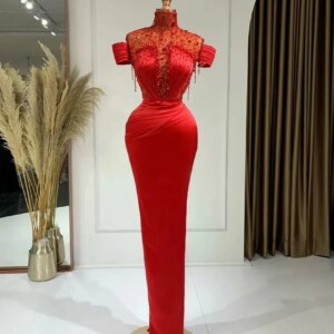Vintage Red Mermaid Evening Dresses Glitter Beads Sequins Women Prom Gowns Elegant High Neck Floor Length Customized Party Gowns