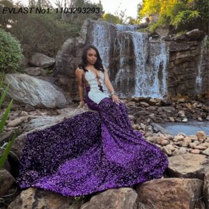 EVLAST Customized Sparkly Purple Mermaid Ruffles Prom Dress Black Girls White Sequins Crystal Beaded African Party Gown TPD189