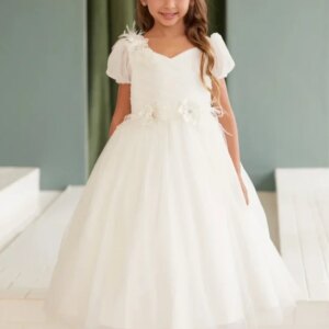 Flower Girl Dresses Birthday Party Holy Communion Gowns Customized Ivory Flowers Appliques With Bow Short Sleeve  For Wedding