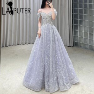 Newest Glitter Blue Sequin Long Prom Dresses Side Sleeves Beadings Bodice Cute Girl Gowns Sparkle Puffy A line Party Dress