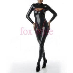 female’s latex rubber latex catsuit full cover with socks in black and red stripes 0.4 mm thickness