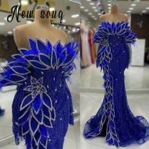 Vintage Royal Blue Appliques Evening Dress Feather Wedding Party Gowns Long Sleeve Mermaid Prom Dress Robes de Soirée Customized