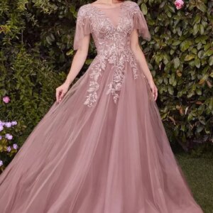 Customized Elegant A-Line Tulle Lace Short Sleeve Prom Dress With Sequin Detail V-Neck Full Length Gown For Mother Of The Bride