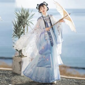 New Ancient Chinese Clothing Women’s Bright Cloud Shoulder Waist Pleated Skirt Light Transparent Cloak Embroidered Spring Style