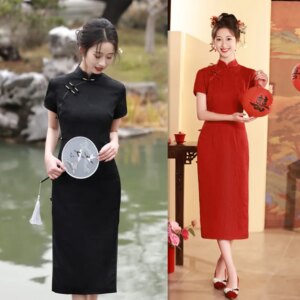 Solid Color Long Short Sleeve Robe Qi Pao Spring New Retro National Style Improved Chinese Cheongsam