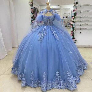 Customized Baby Blue Quinceanera Dresses with Cloak Draped Puff Sleeves 3D Appliques Rhinestones Made To Order 15 Anos Vestido