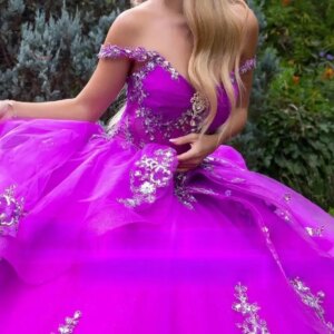 Customized Luxury Purple Quinceanera Dresses Tull Sparkle Long off shoulder Applique bow Lace dress paired A-line pleated skirt