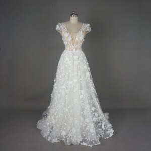 V Neck Sheer Bodice Bridal Gown with 3D Floral Appliques Short Cap Sleeves and Flowing Tulle Skirt