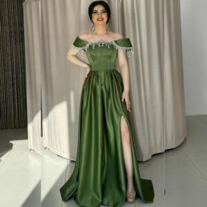 Customized Satin Beading Pleat Evening Straight Boat Neck Bespoke Occasion Gown Long Dresses