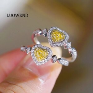 LUOWEND 100% 18K White Gold Rings Women Real Natural Yellow Diamond Engagement Ring Romantic Heart Shape High Wedding Jewelry